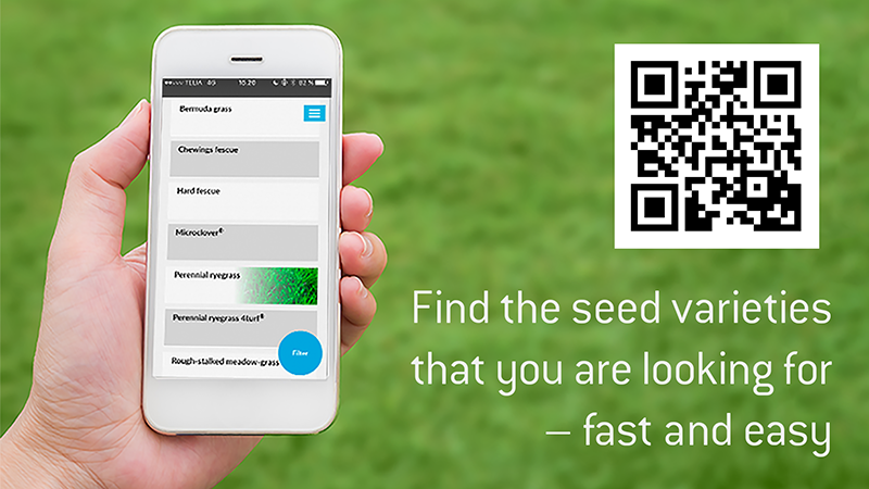 Phone in hand showing the DLF Seed Variety App with a QR code on the side
